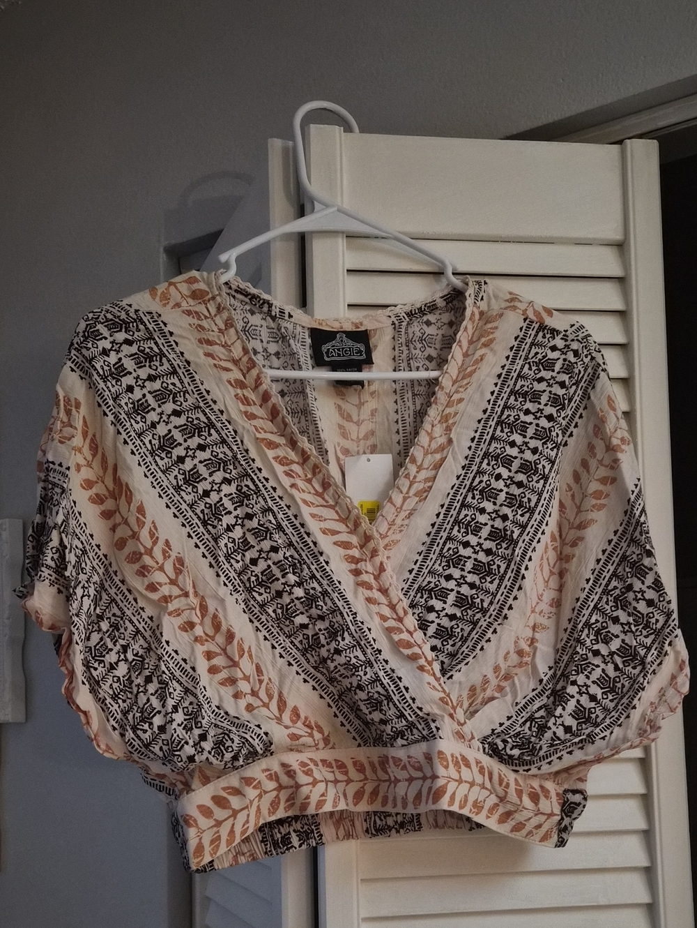 Angie Cream, Black and Tan Printed Wrap Crop Top